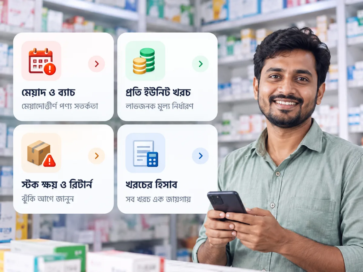 AmarPharma অ্যাপে মেয়াদ ও ব্যাচ, প্রতি ইউনিট খরচ, স্টক ক্ষয় ও রিটার্ন আর খরচের হিসাব